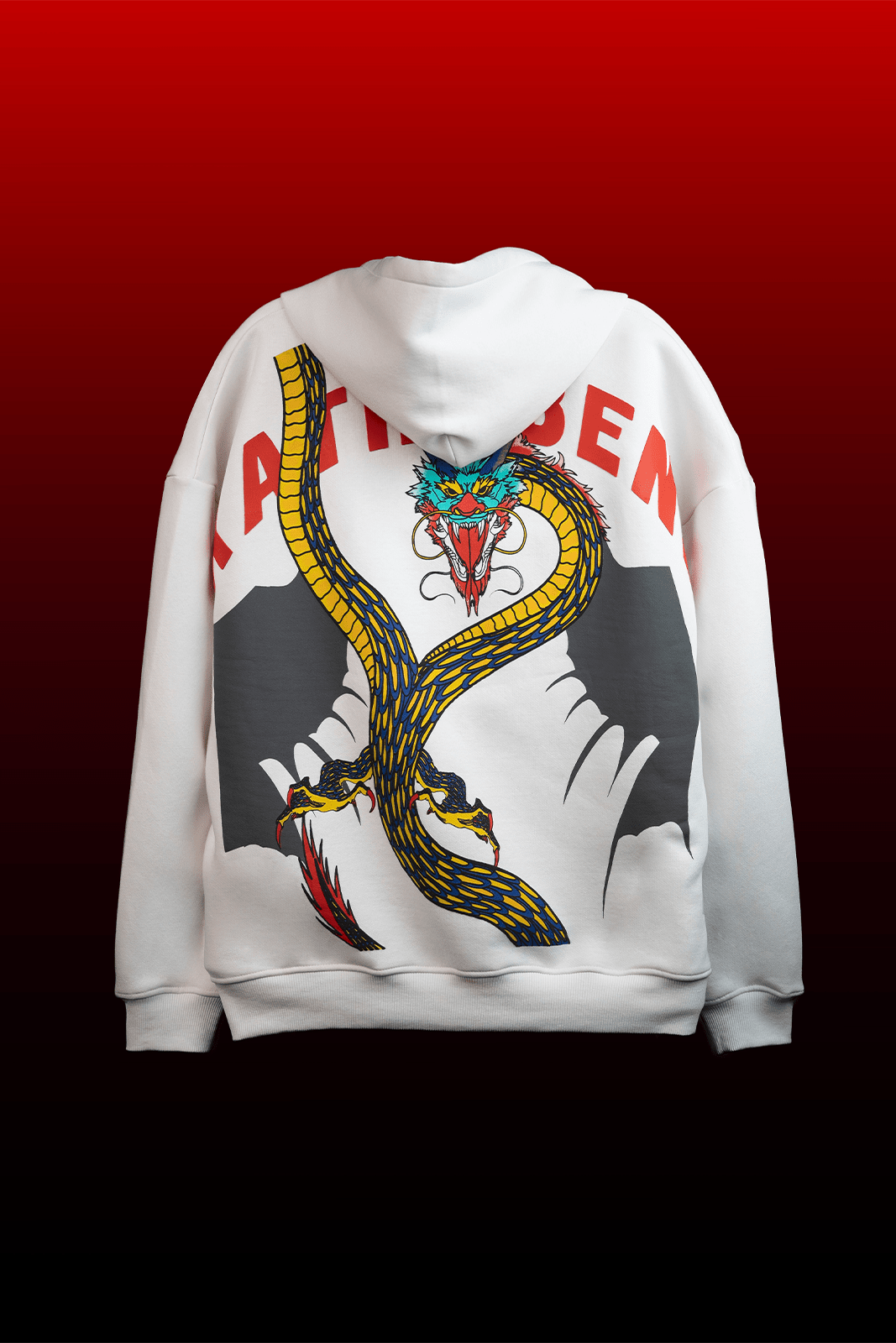 Back graphic view of Blinding Fang cotton fleece hoodie off white edition