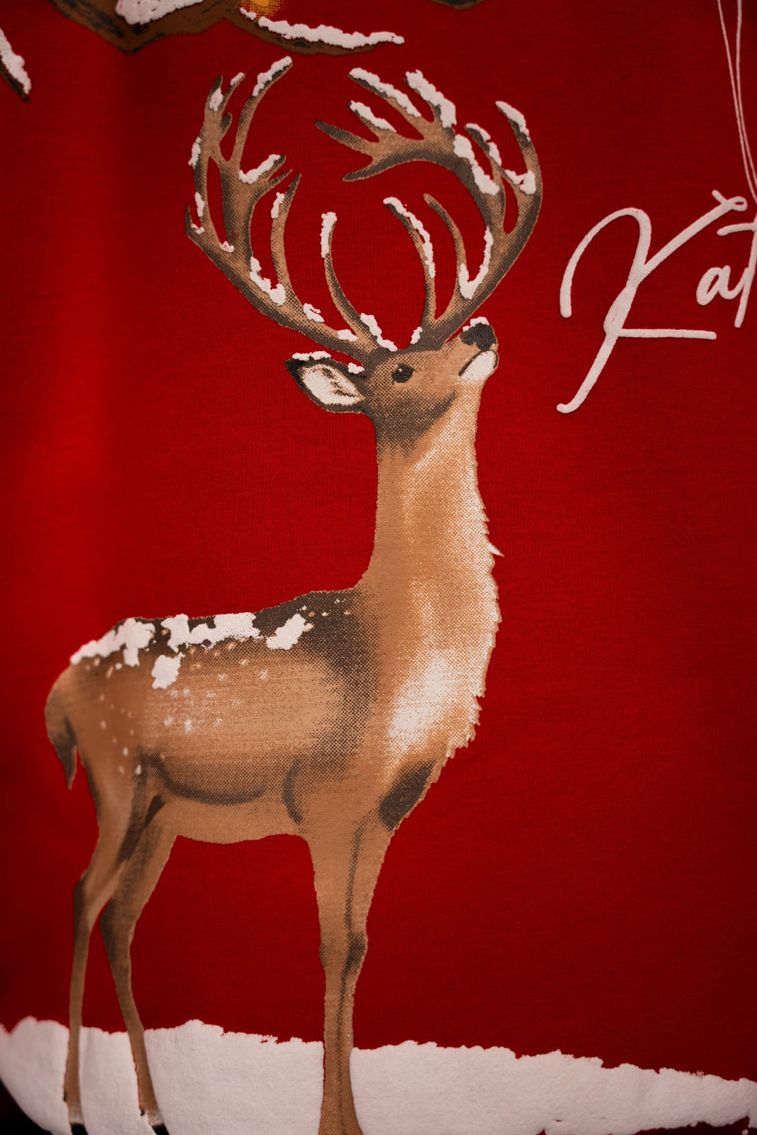 Deer graphic artwork detail on Crimson Deer cotton fleece crewneck by Kathnbenz