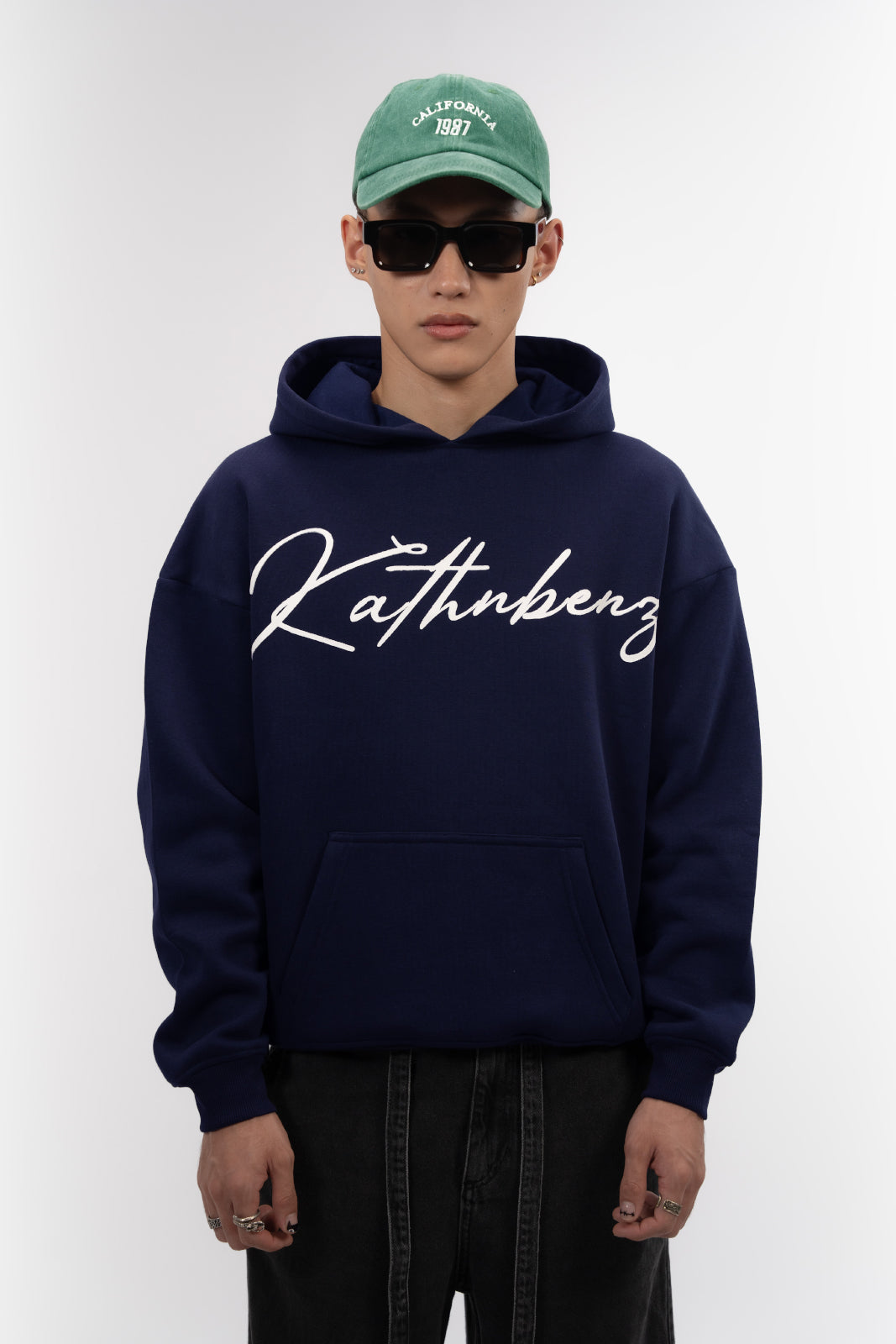 Front chest branding detail on Verbal Sin oversized cotton fleece hoodie