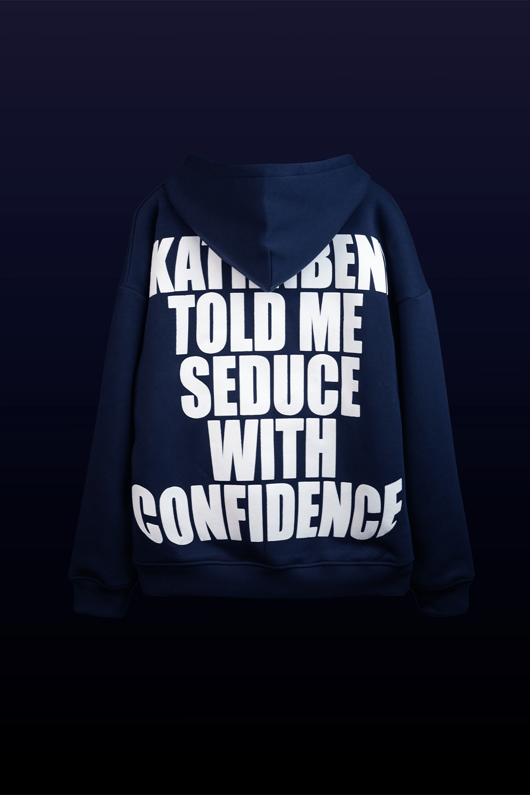 Back statement text detail on Verbal Sin oversized hoodie by Kathnbenz