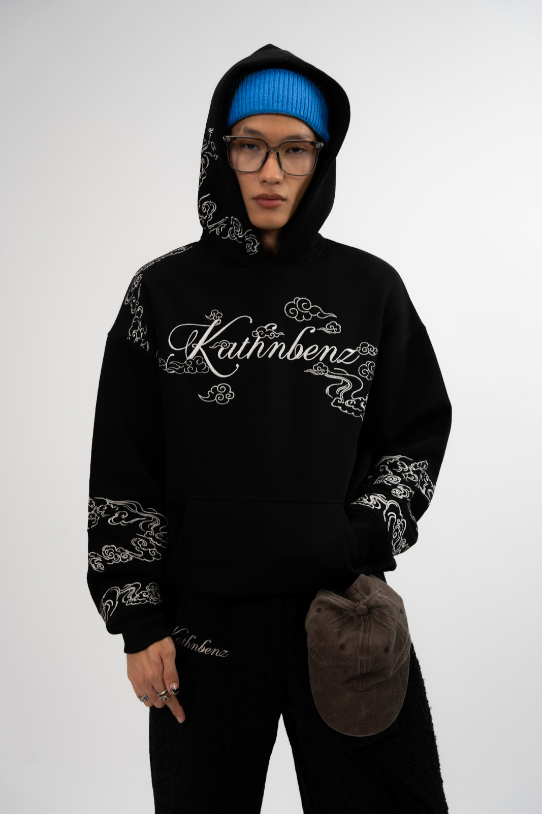 Front view of Heir of Light black cotton fleece hoodie by Kathnbenz