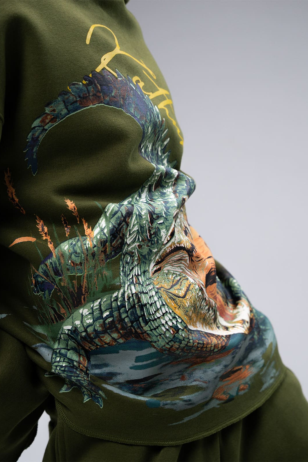 Front graphic detail on Marsh Lord green hoodie
