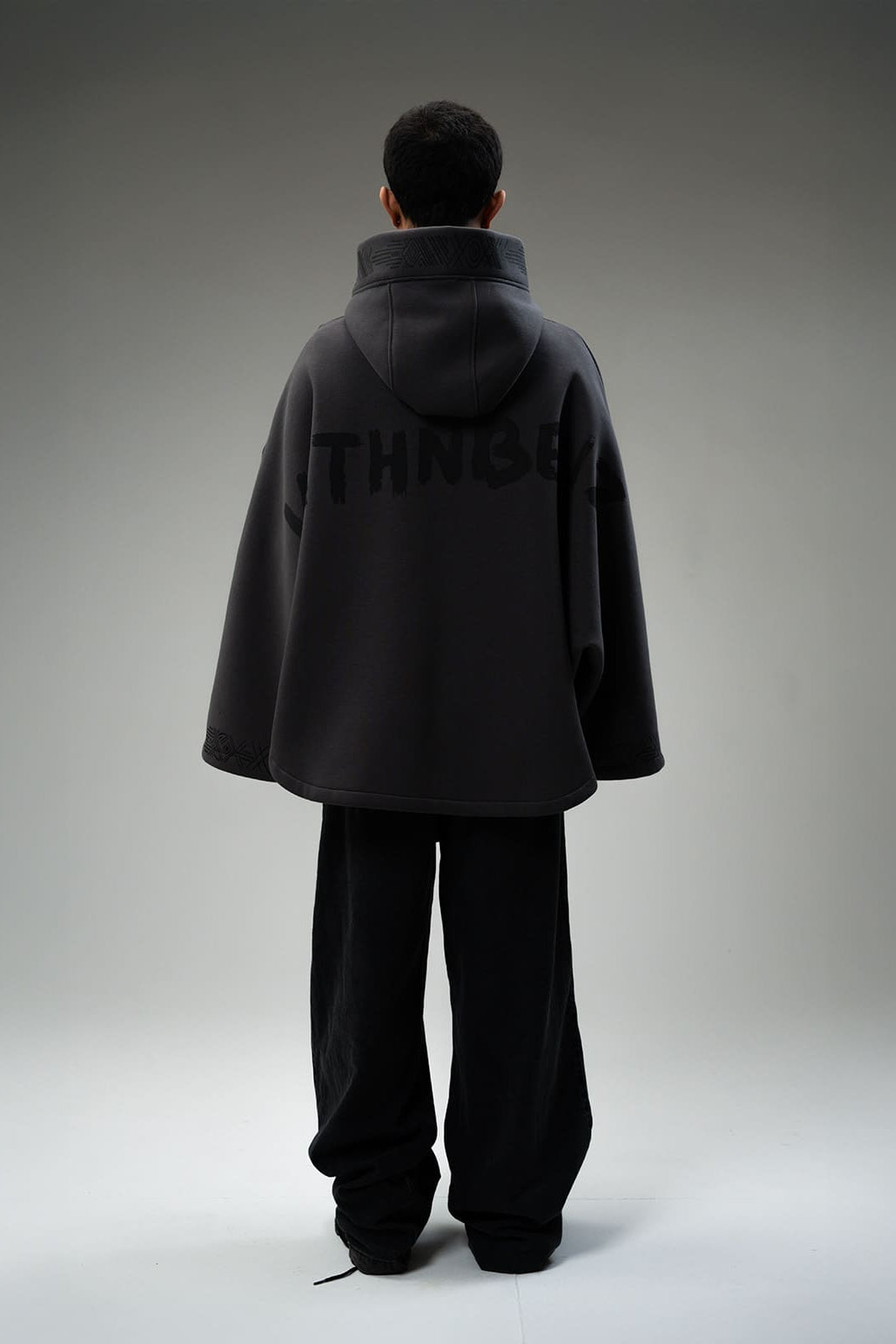 Back view of Voidform oversized grey cotton fleece hoodie