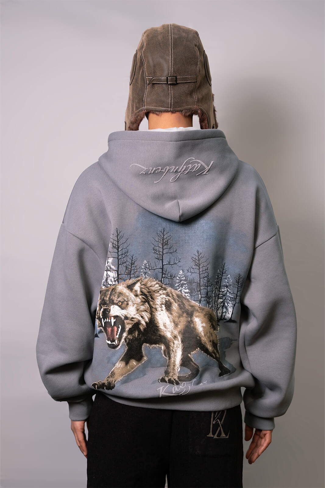 Kathnbenz wolf print hoodie grey men Icebreed front view streetwear