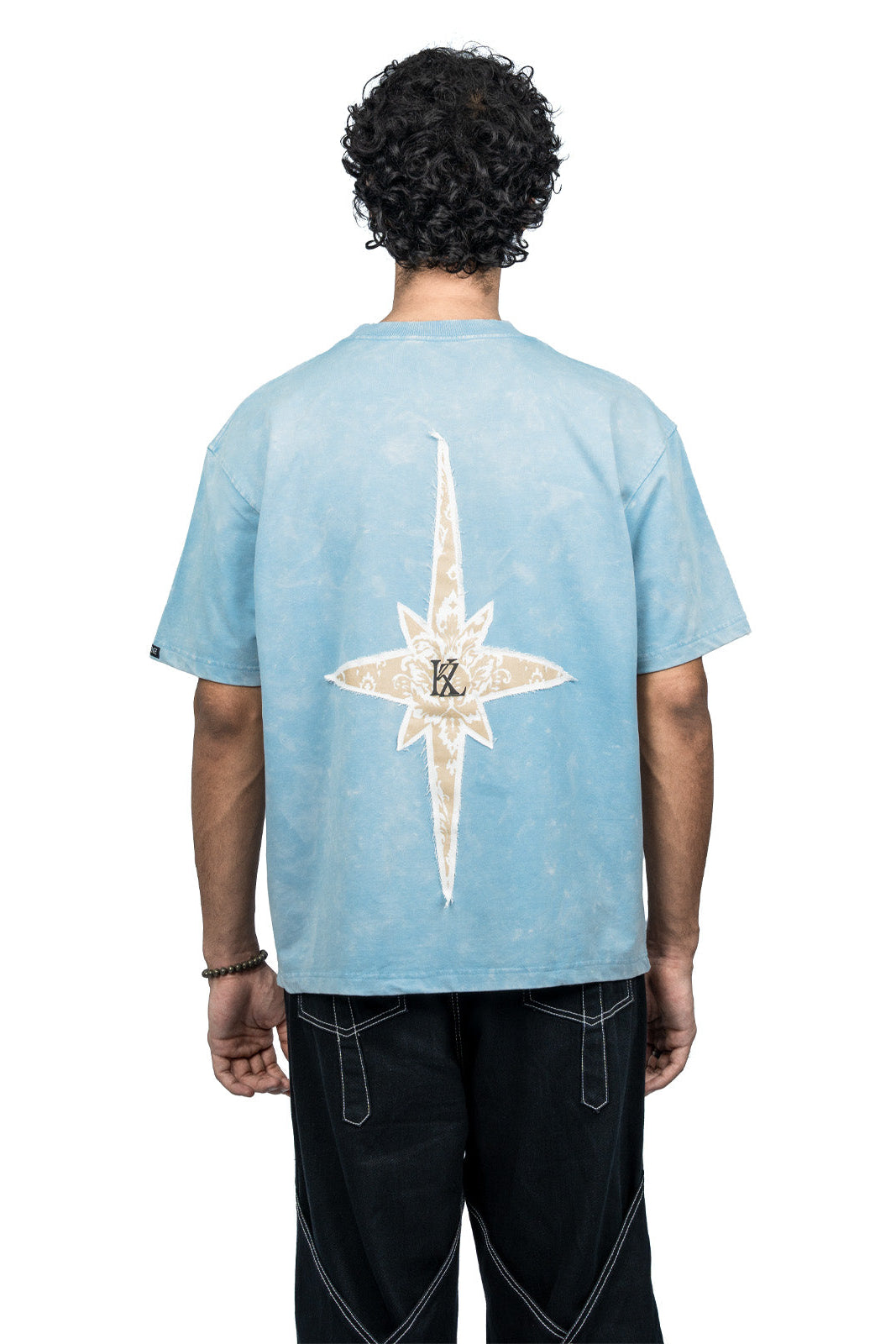 Azure Vestment oversized T-shirt back view with graphic print, 240 GSM Terry Cotton Lycra streetwear tee by Kathnbenz