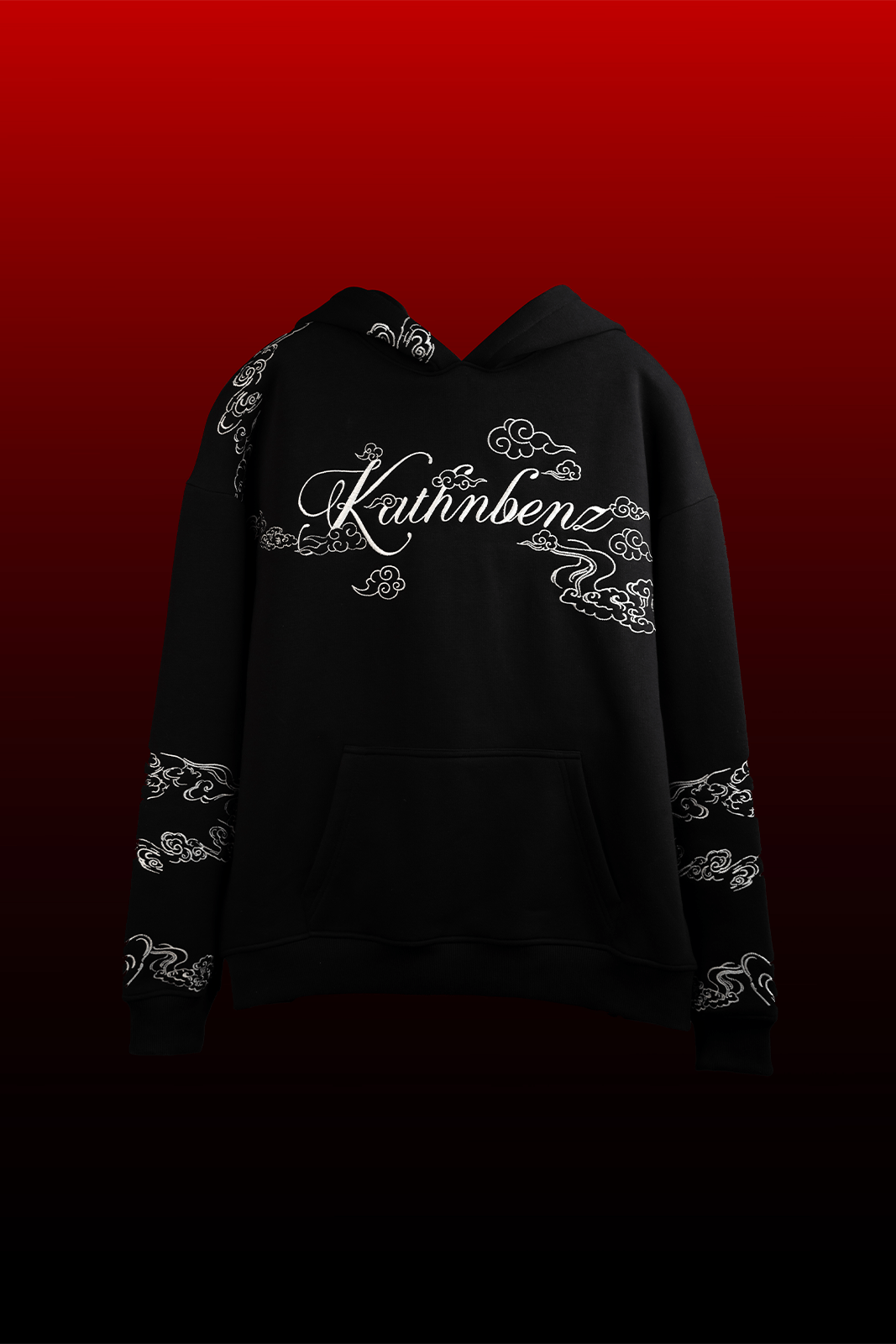Front branding view of Heir of Light black hoodie by Kathnbenz