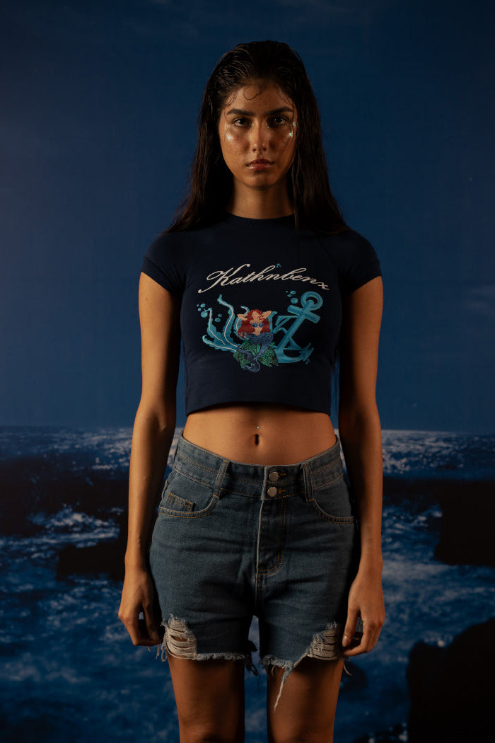 Black baby tee with puff print mermaid artwork – Kathnbenz luxury streetwear