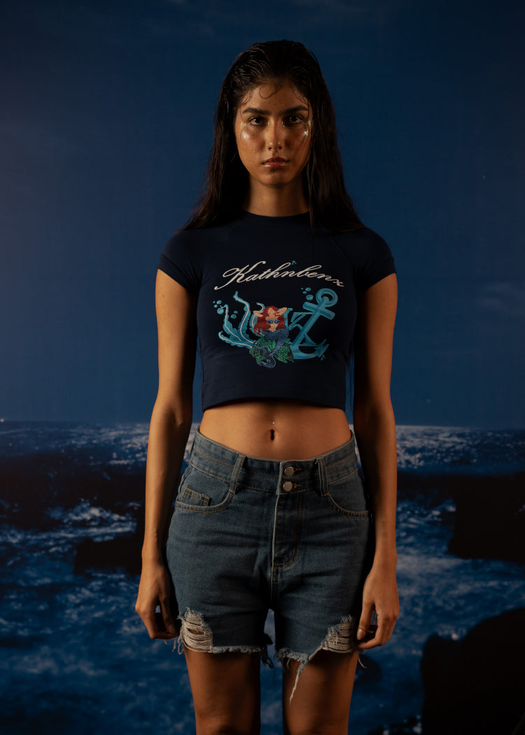 Black baby tee with puff print mermaid artwork – Kathnbenz luxury streetwear
