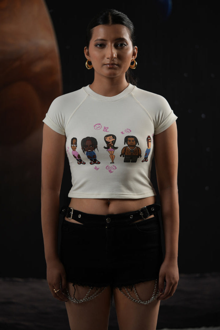 Utopian Girl oversized baby tee front view worn by model