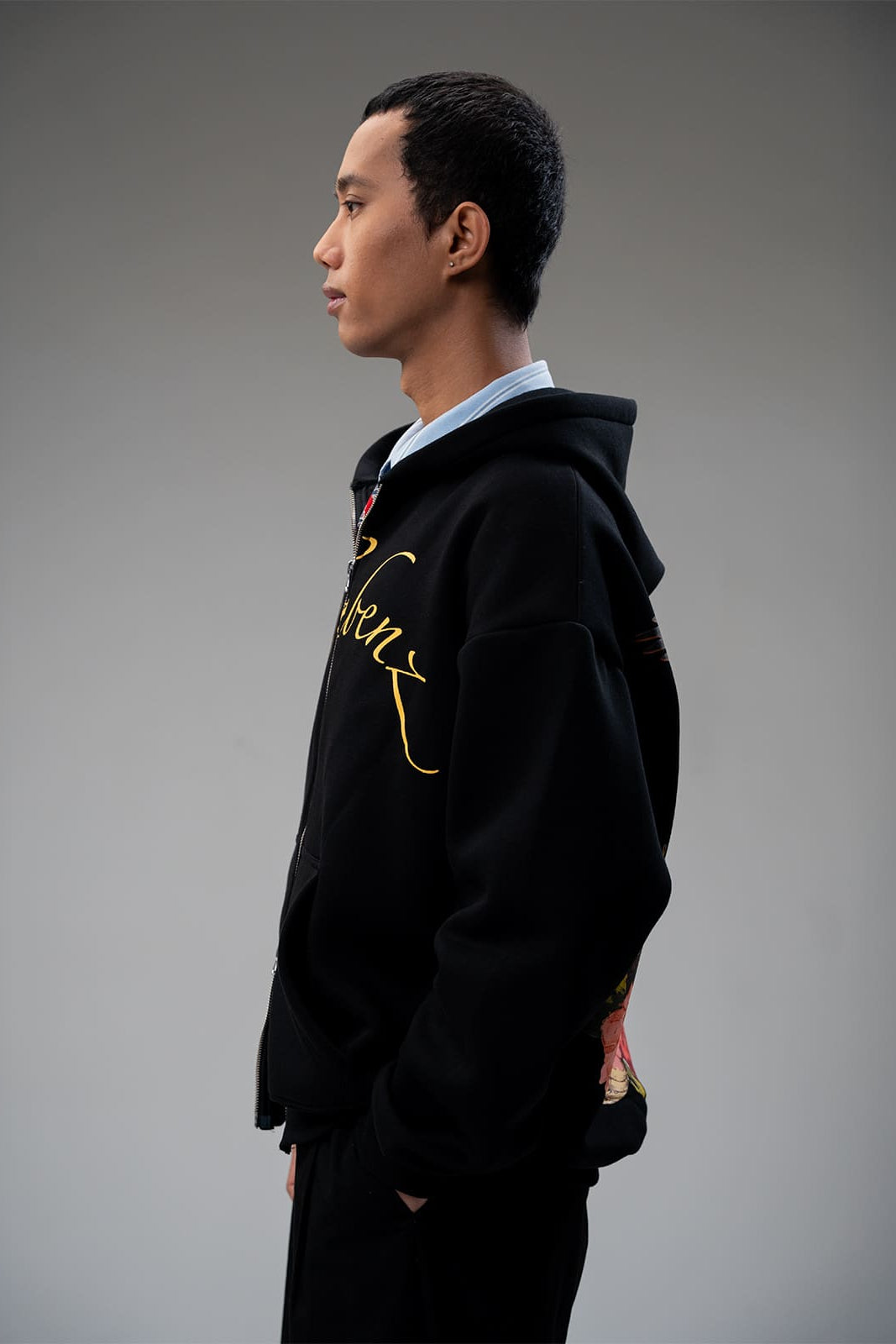 Front view of Dominion black zipper jacket with structured fit