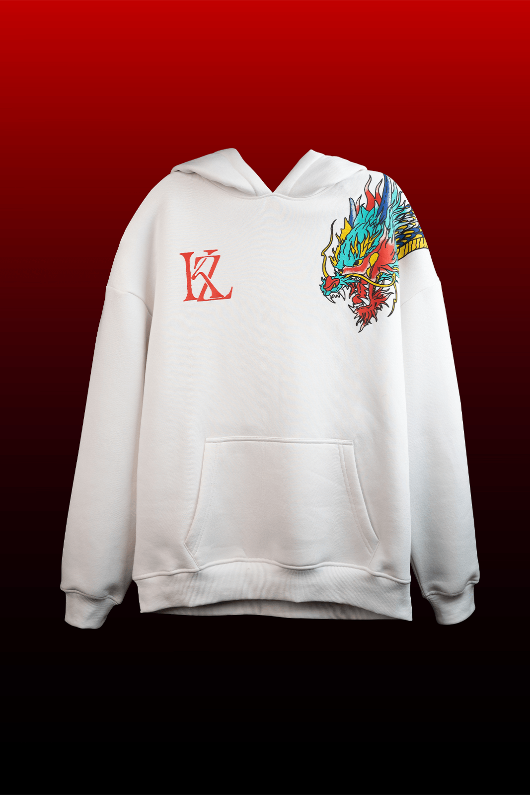 Front view of Blinding Fang oversized hoodie off white by Kathnbenz