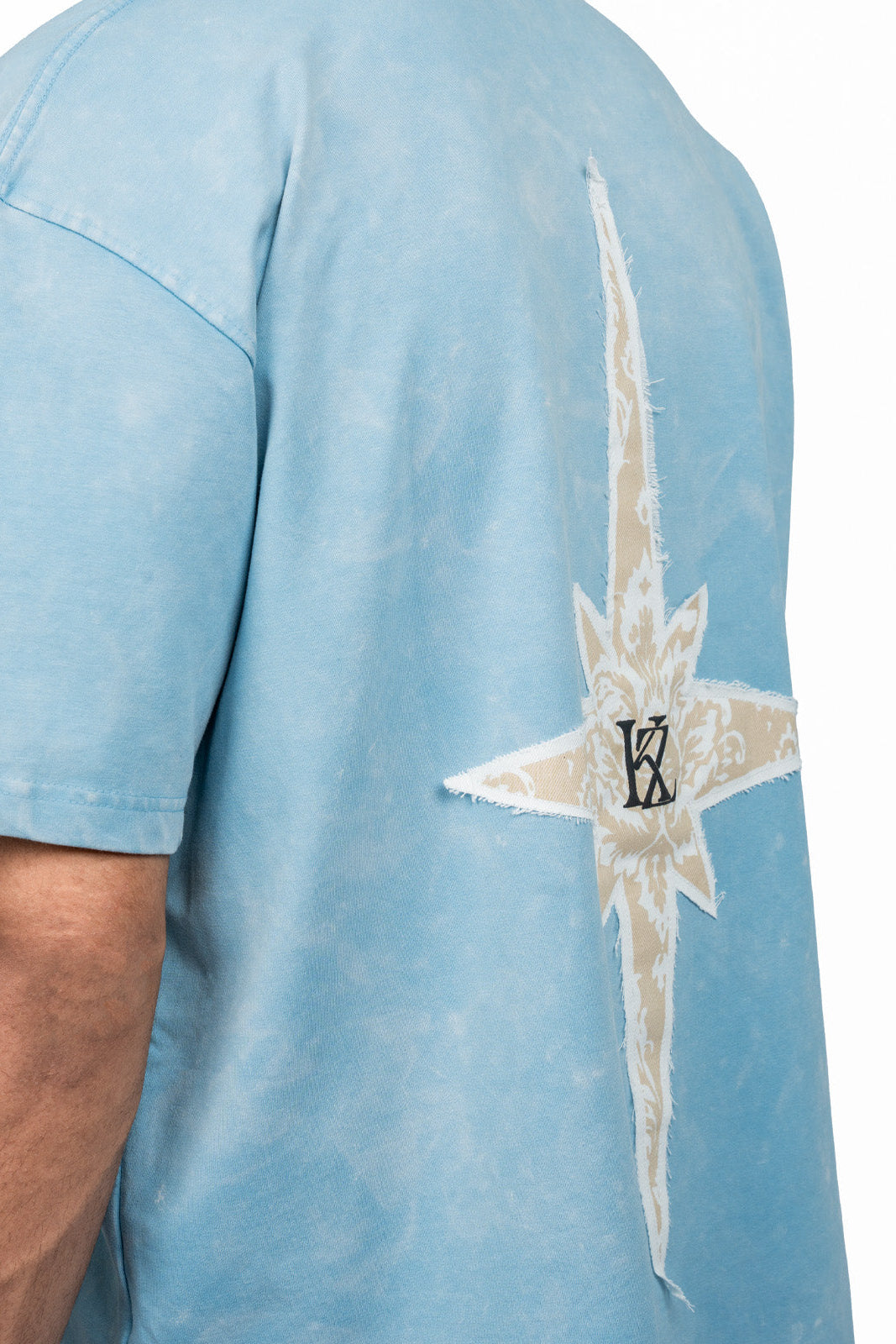 Close-up of Azure Vestment T-shirt graphic print inspired by the first garden, premium streetwear detail