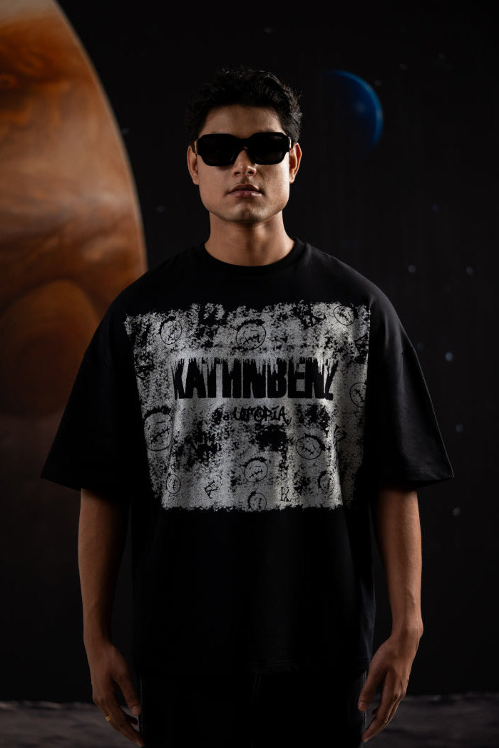 Dark Utopia oversized t-shirt worn by model streetwear fit