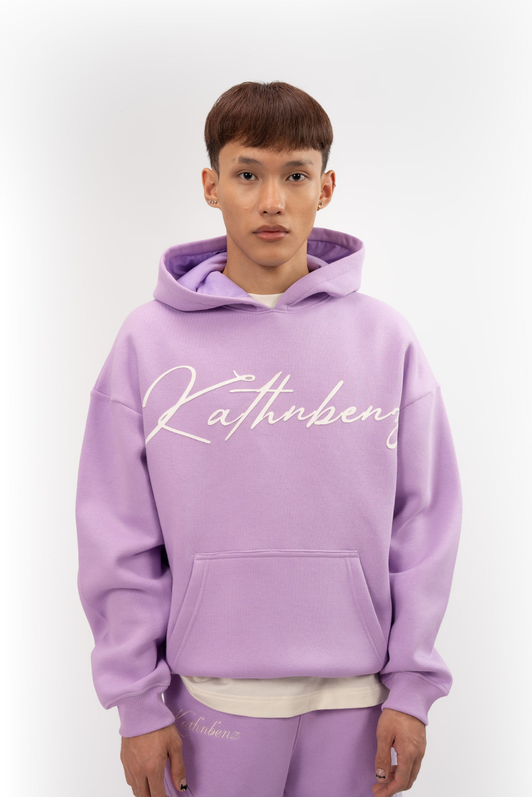 Kathnbenz hoodie lavender men premium fabric detail flame graphic
