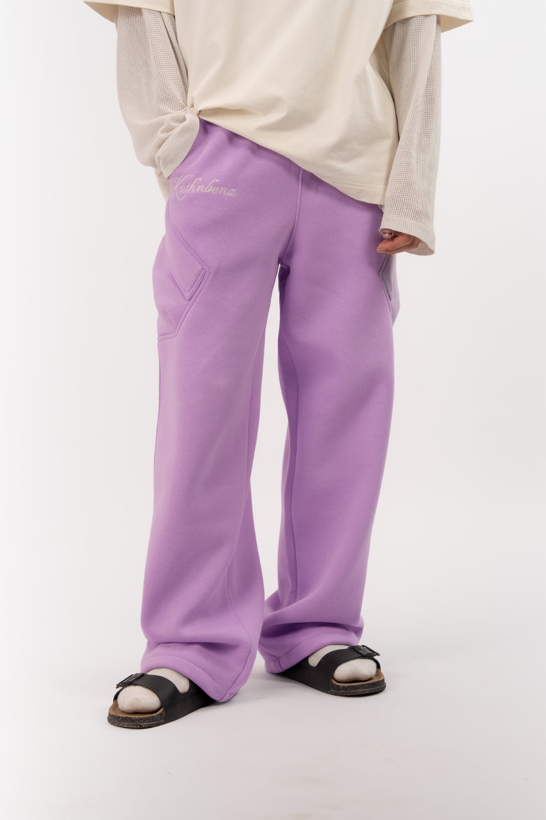 Kathnbenz streetwear pants lavender men Structure Six front view